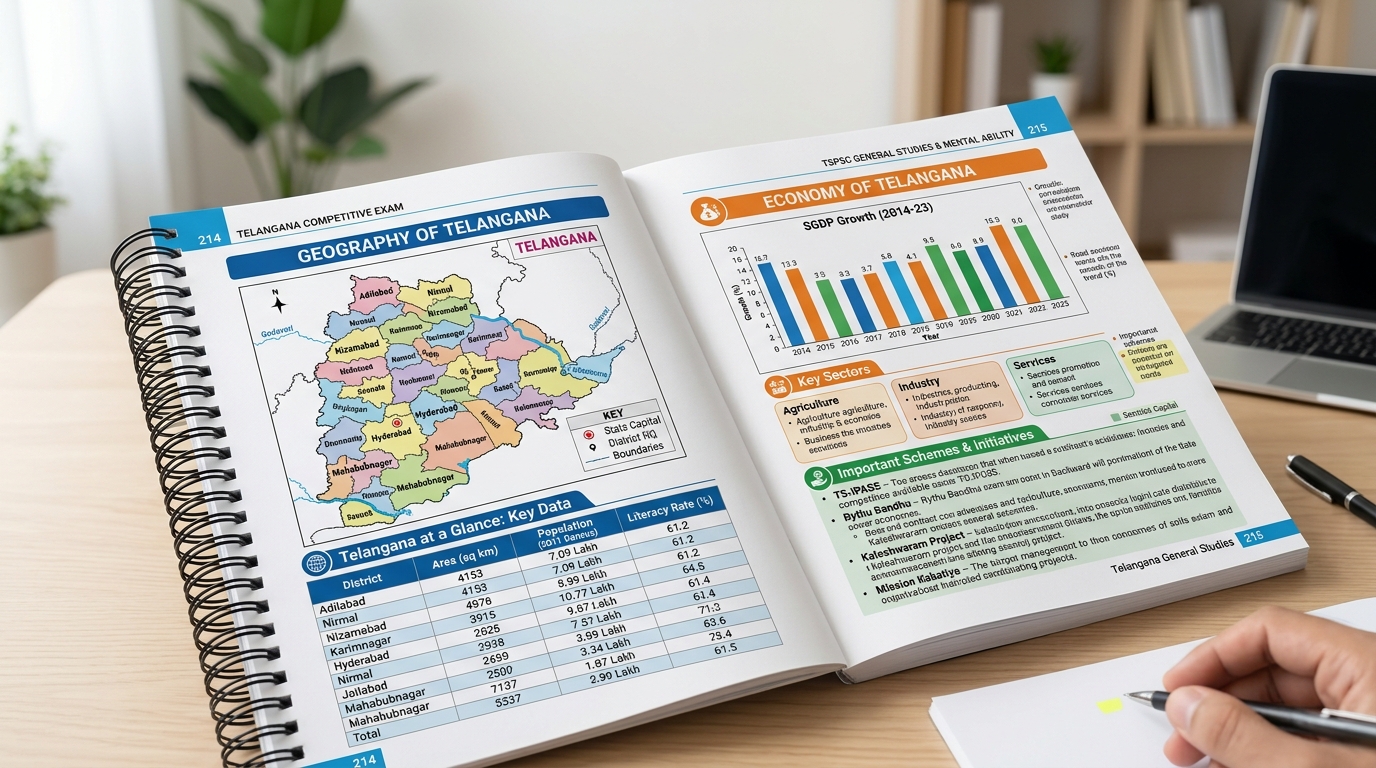 Open book pages showing Telangana geography map, socio-economic charts, and 360 degree exam questions